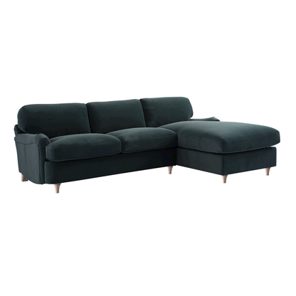 Daphnis Aegean Blue Velvet Sofa Bed, Grande Chaise Right Hand Facing