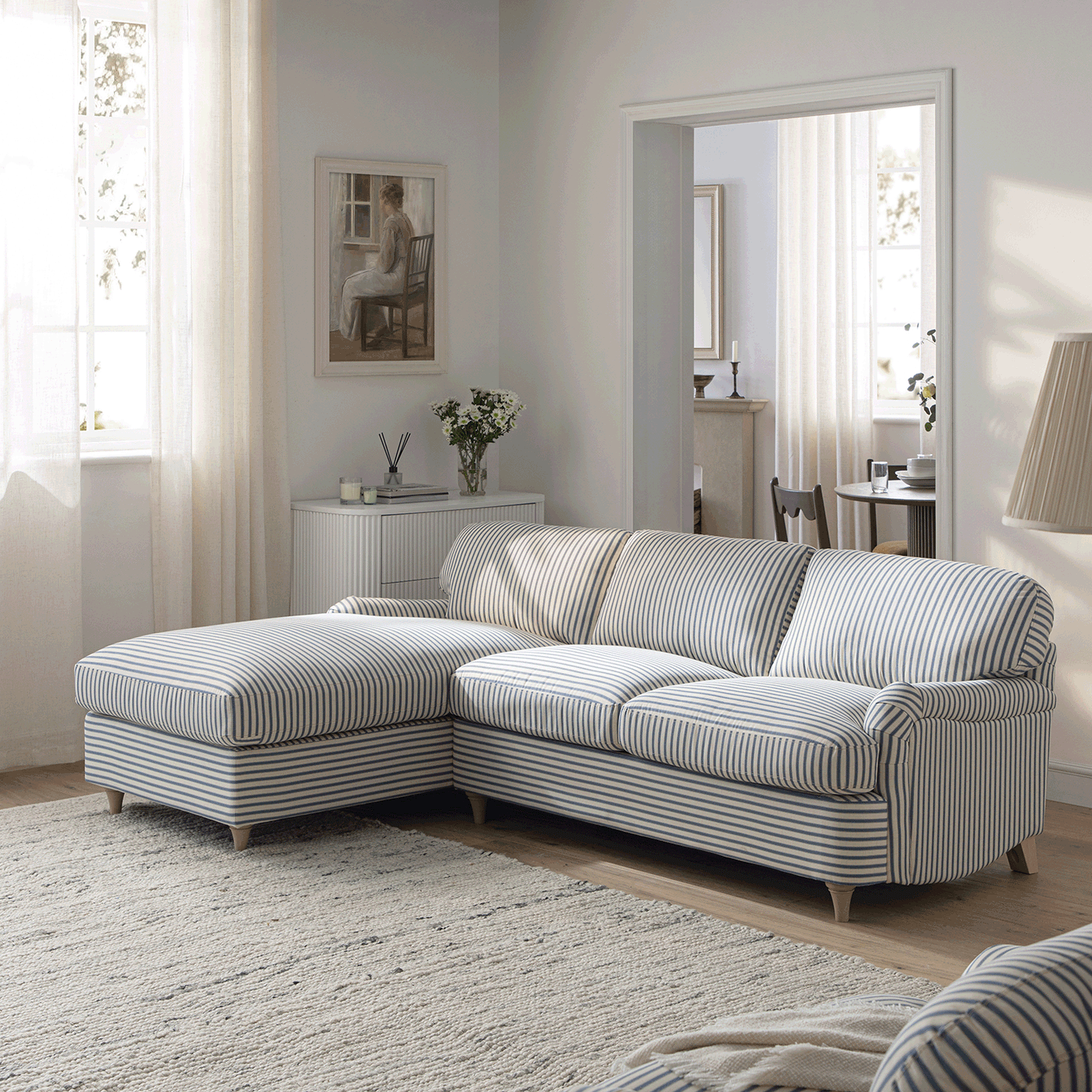 Daphnis Blue Striped Linen Blend Sofa Bed, Grande Chaise Left Hand Facing