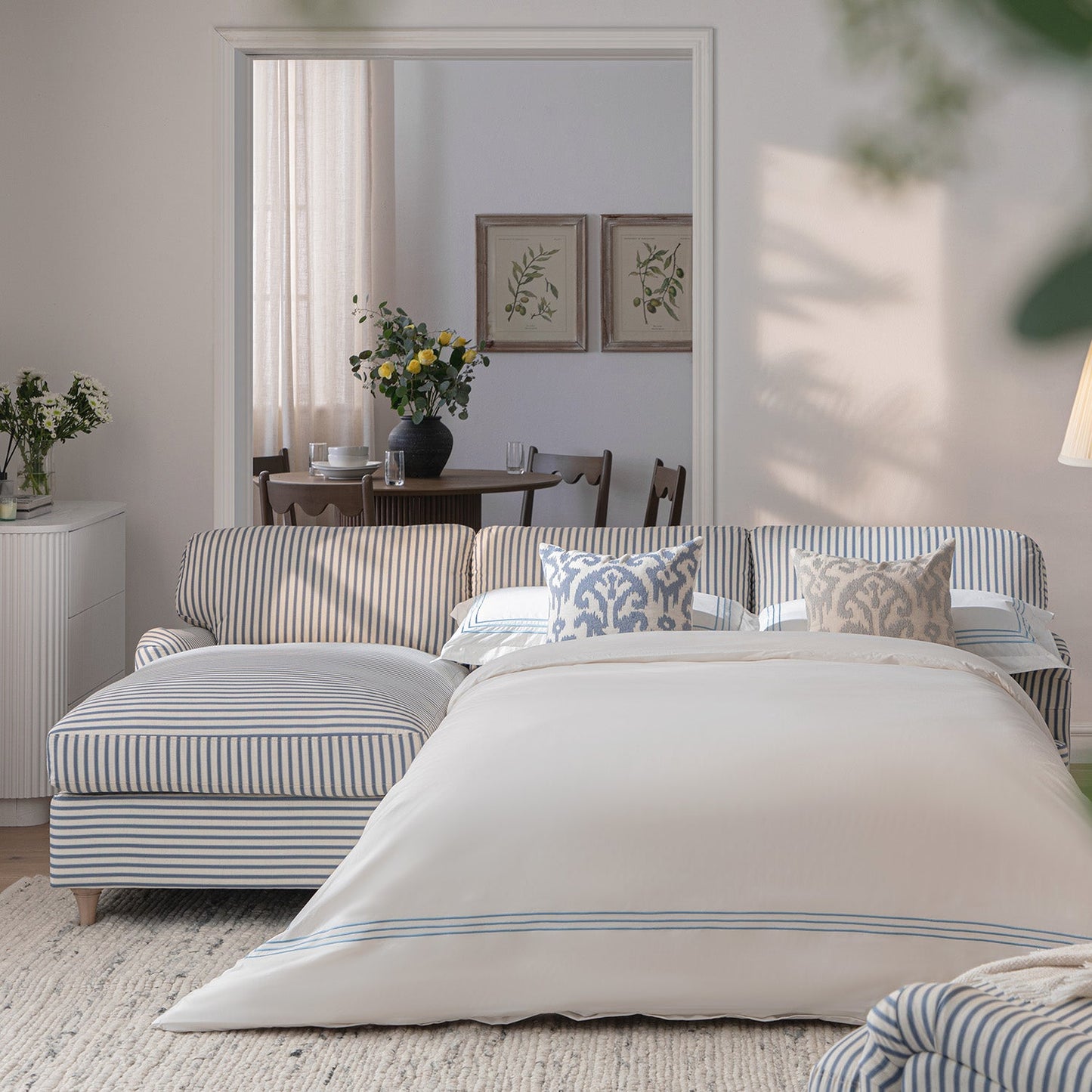 Daphnis Blue Striped Linen Blend Sofa Bed, Grande Chaise Left Hand Facing