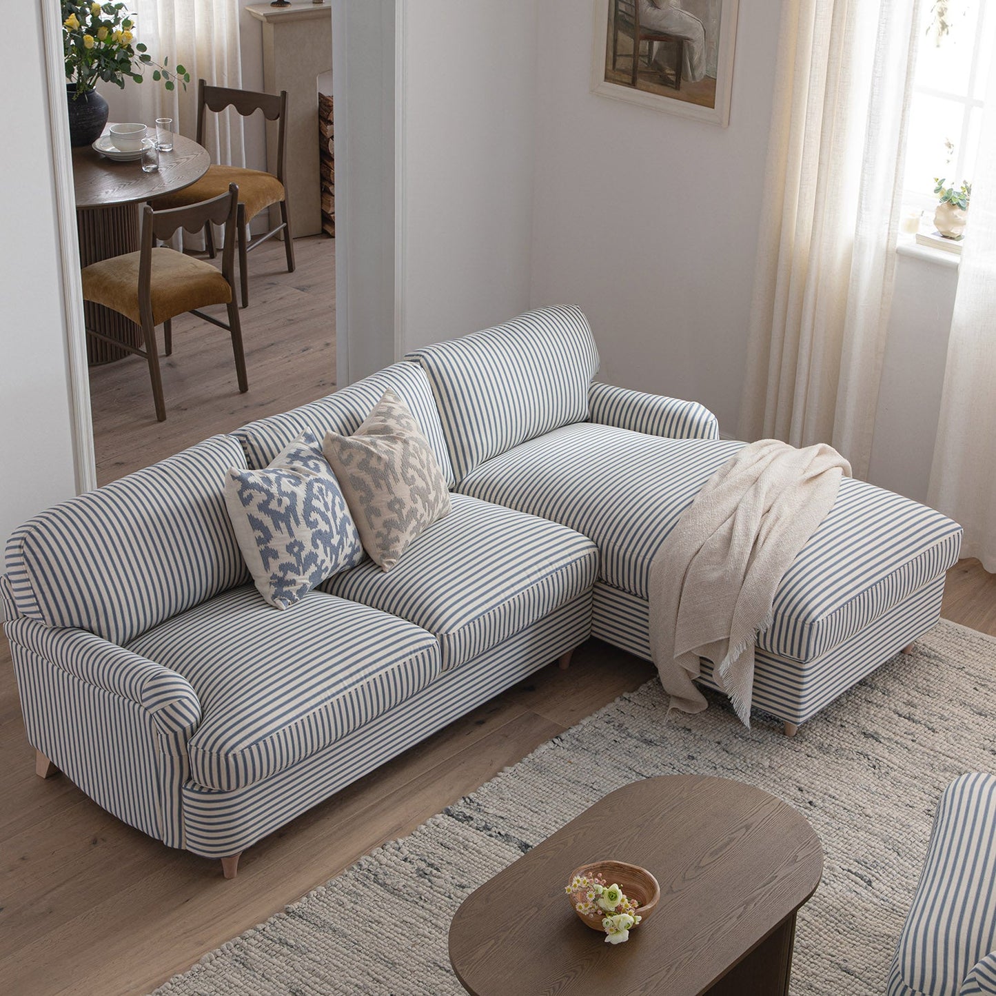 Daphnis Blue Striped Linen Blend Sofa Bed, Grande Chaise Right Hand Facing