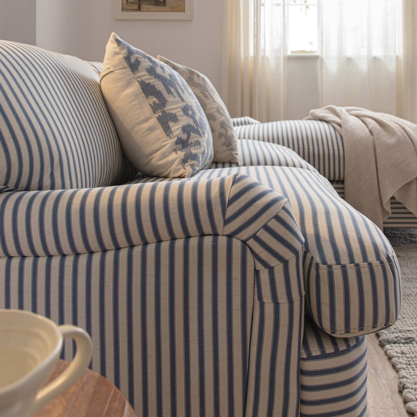 Daphnis Blue Striped Linen Blend Sofa Bed, Grande Chaise Right Hand Facing