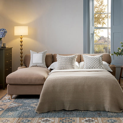 Daphnis Camel Velvet Sofa Bed, Grande Chaise Left Hand Facing