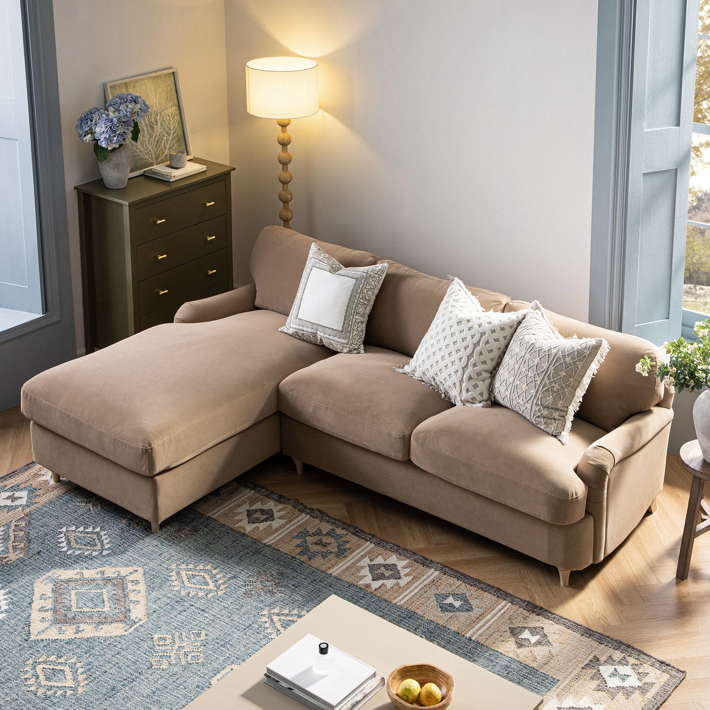 Daphnis Camel Velvet Sofa Bed, Grande Chaise Left Hand Facing