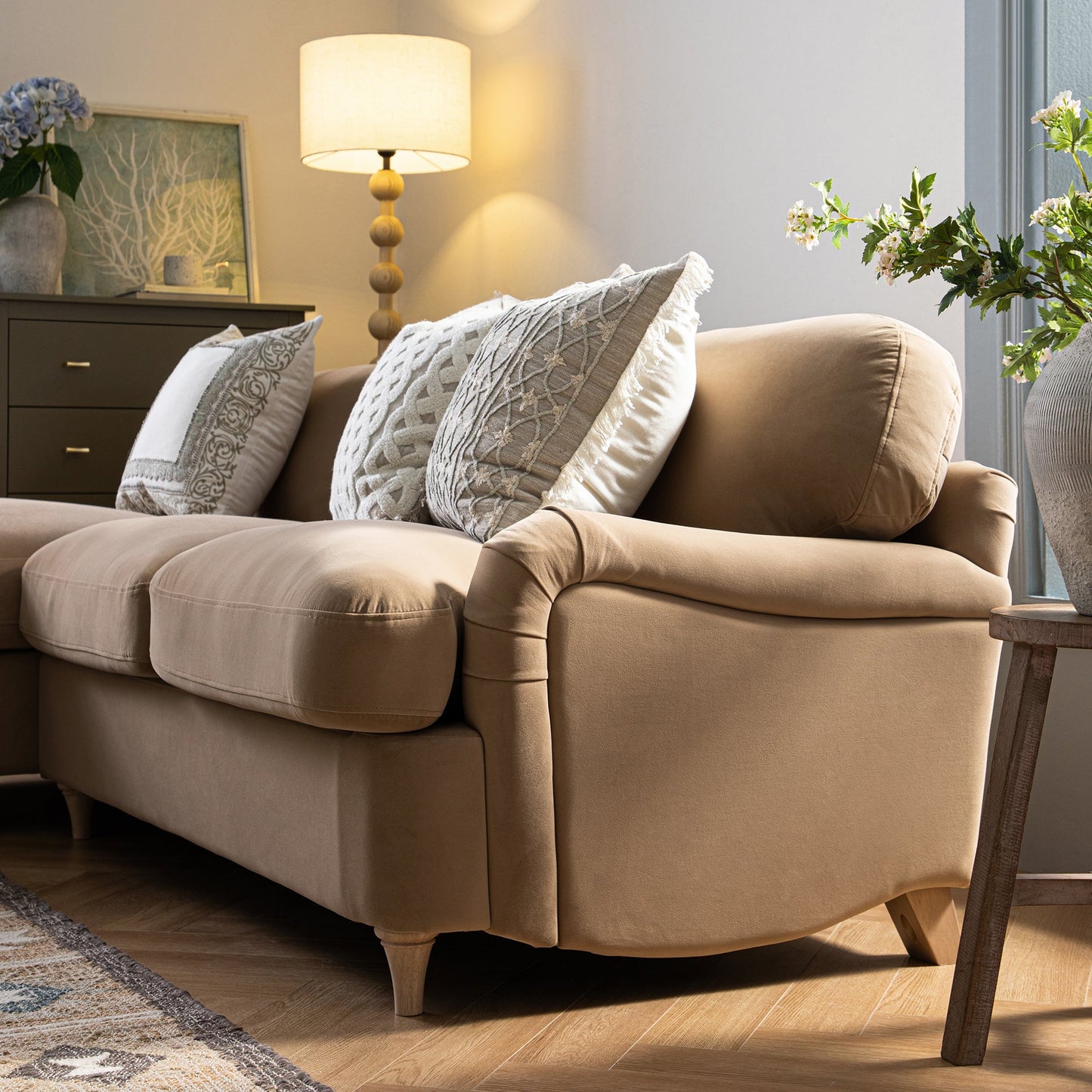 Daphnis Camel Velvet Sofa Bed, Grande Chaise Left Hand Facing