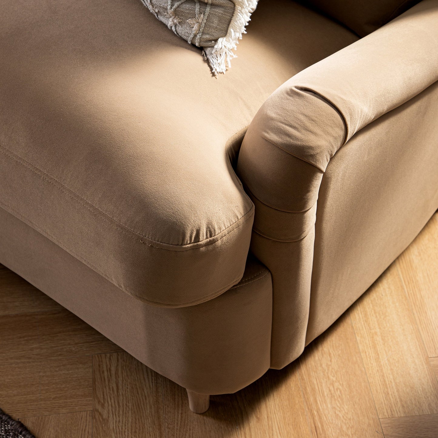 Daphnis Camel Velvet Sofa Bed, Grande Chaise Left Hand Facing