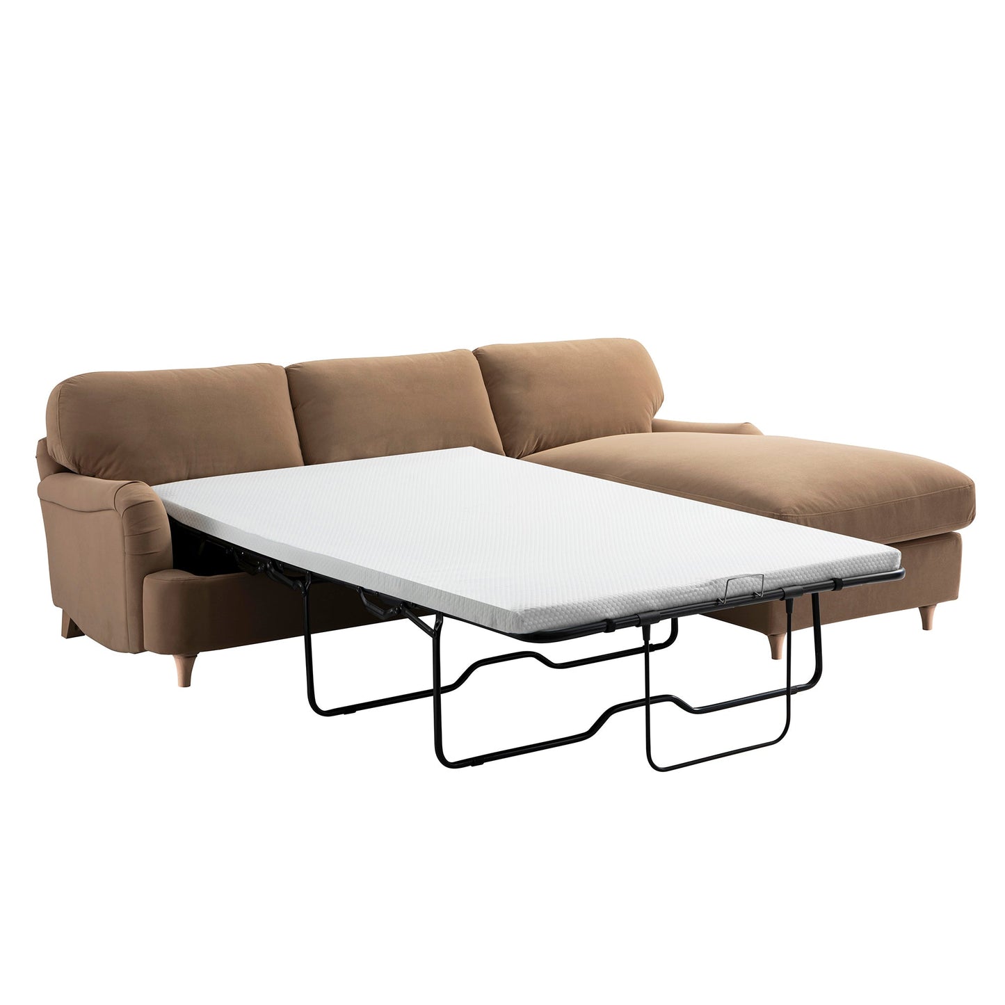 Daphnis Camel Velvet Sofa Bed, Grande Chaise Right Hand Facing