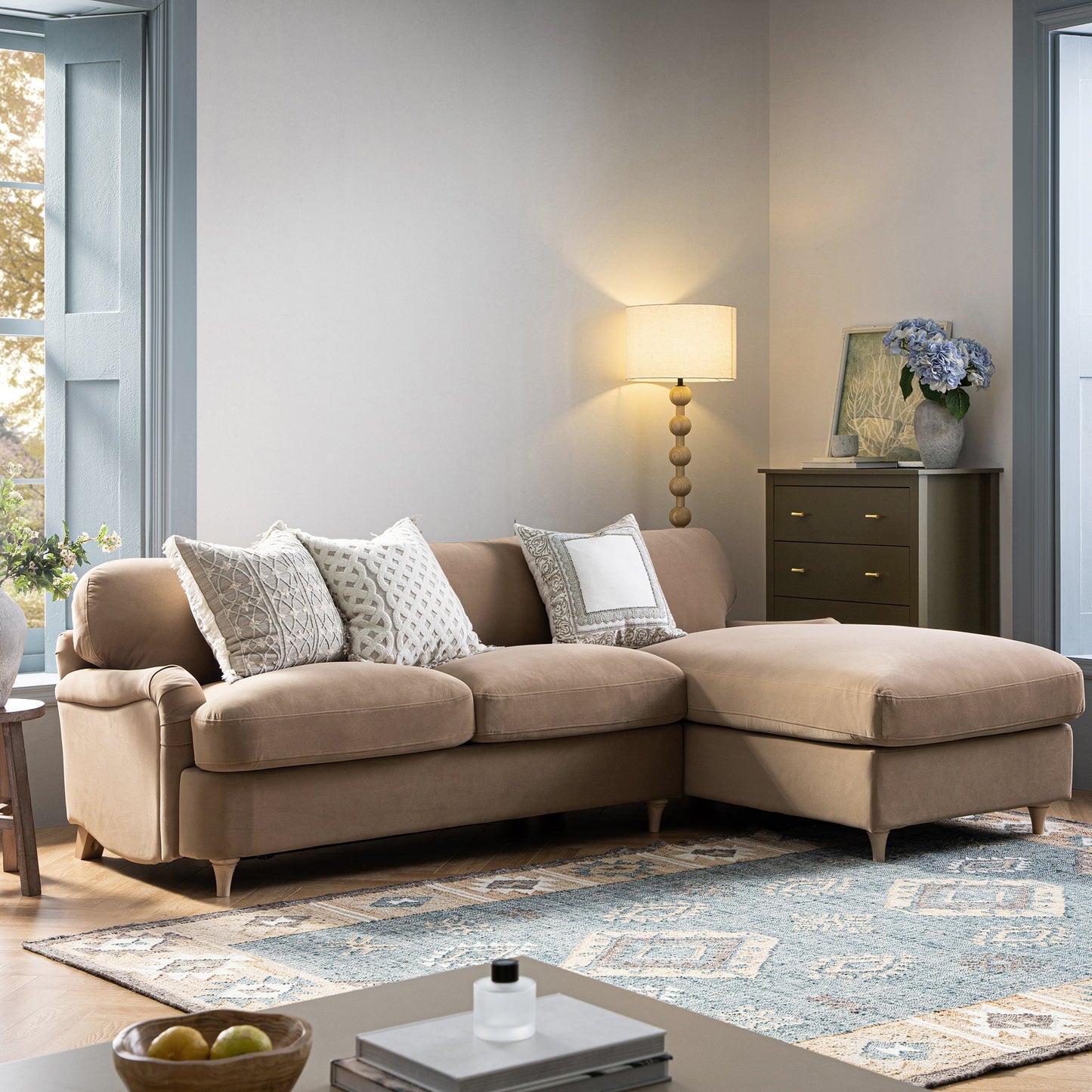 Daphnis Camel Velvet Sofa Bed, Grande Chaise Right Hand Facing