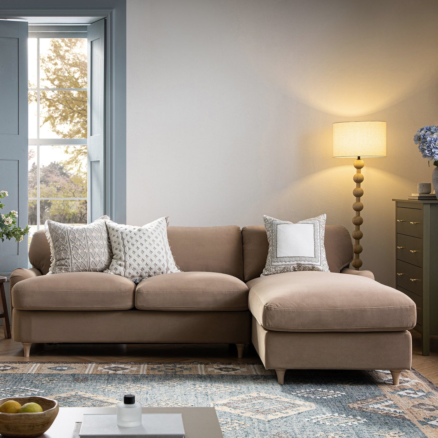 Daphnis Camel Velvet Sofa Bed, Grande Chaise Right Hand Facing