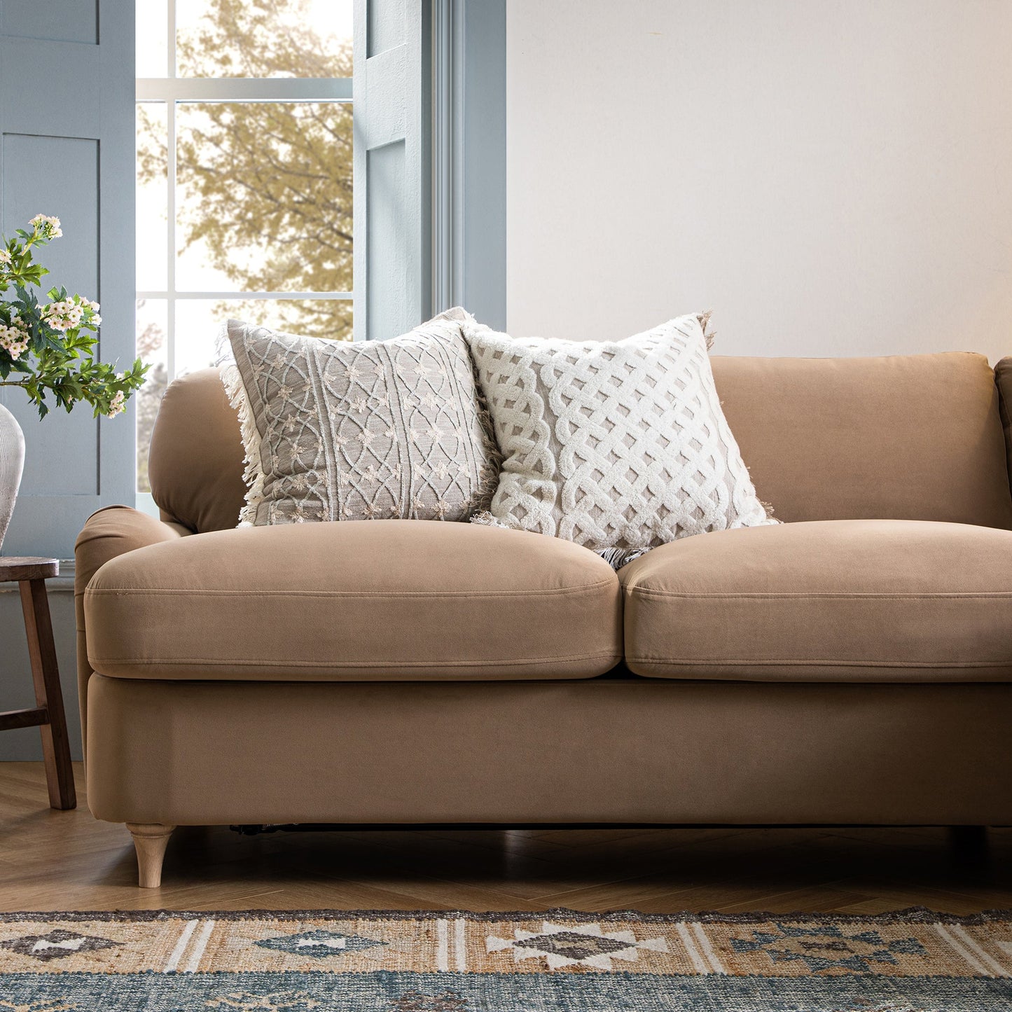 Daphnis Camel Velvet Sofa Bed, Grande Chaise Right Hand Facing