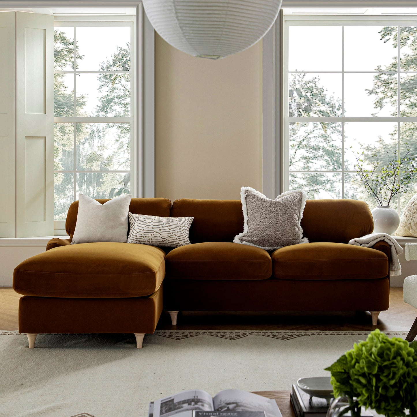 Daphnis Cinnamon Velvet Sofa Bed, Grande Chaise Left Hand Facing