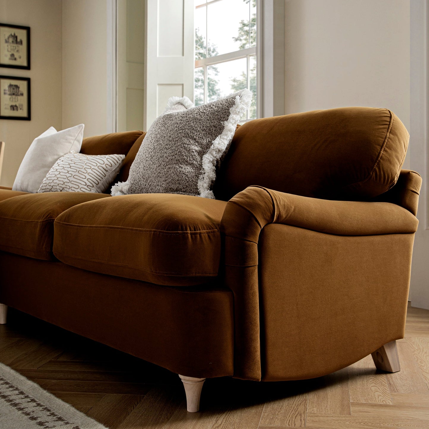 Daphnis Cinnamon Velvet Sofa Bed, Grande Chaise Left Hand Facing