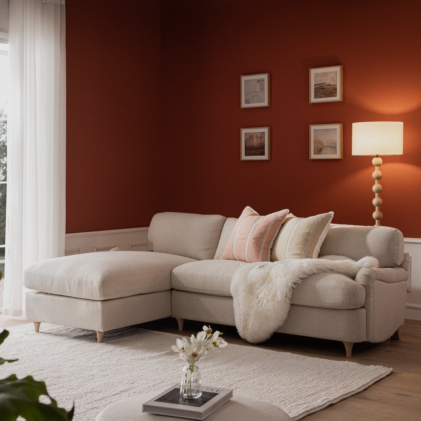 Daphnis Oatmeal Fabric Sofa Bed, Grande Chaise Left Hand Facing