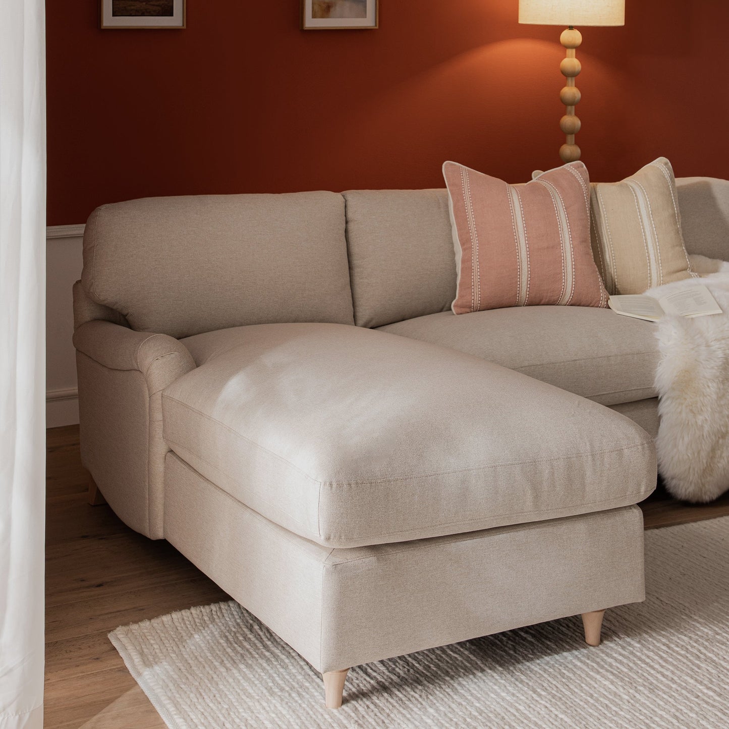 Daphnis Oatmeal Fabric Sofa Bed, Grande Chaise Left Hand Facing