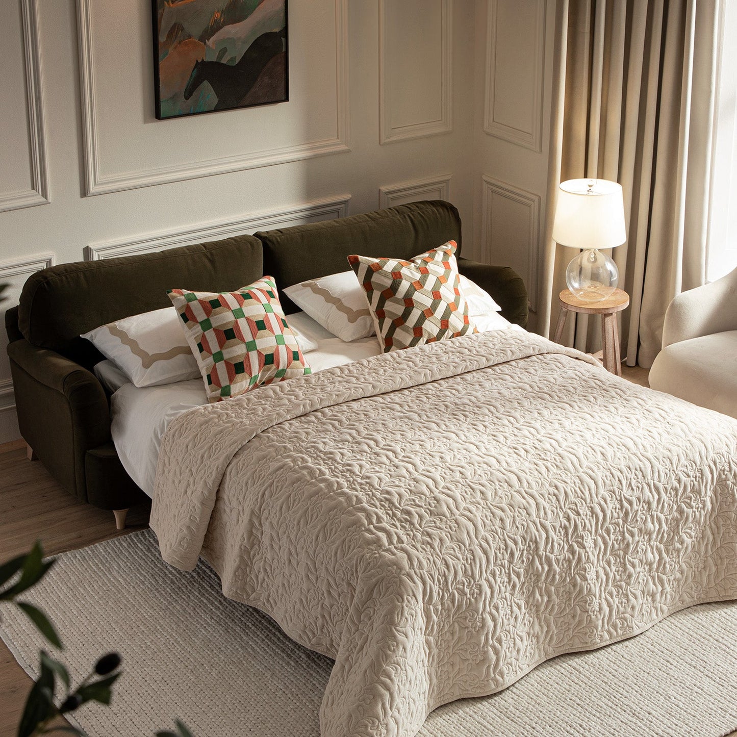 Daphnis Seaweed Velvet Sofa Bed, Large 3-Seater