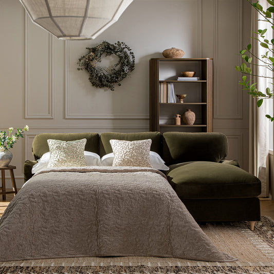 Daphnis Seaweed Velvet Sofa Bed, Grande Chaise Right Hand Facing