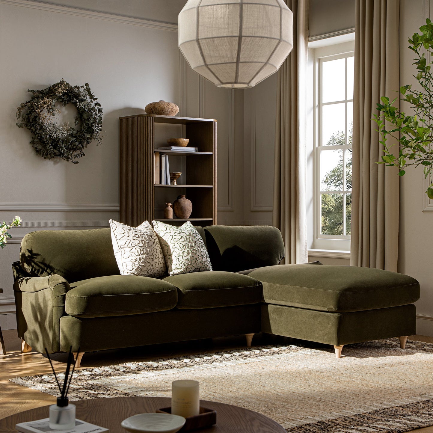 Daphnis Seaweed Velvet Sofa Bed, Grande Chaise Right Hand Facing