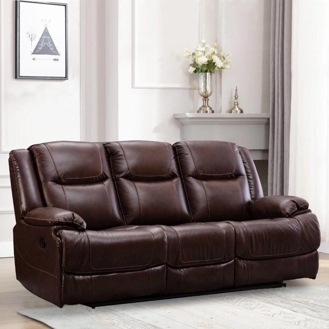 Genuine Leather Mid-century Modern Style Manual Recliners Sofa Set