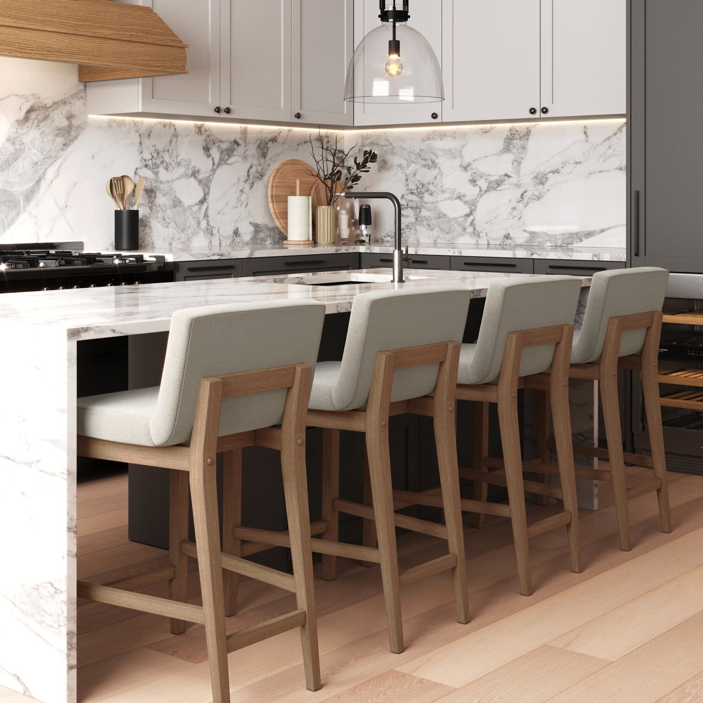 Gracie Modern Bar Stool, Boucle Upholstered Chair and Brushed Wooden Legs