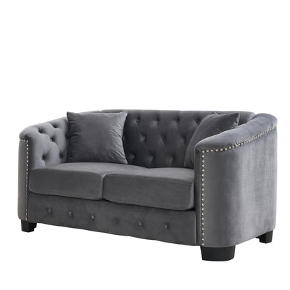 Grey 59'' Modern Velvet 2-Seater Sofa with Tufted Backrest and Nailhead Arms