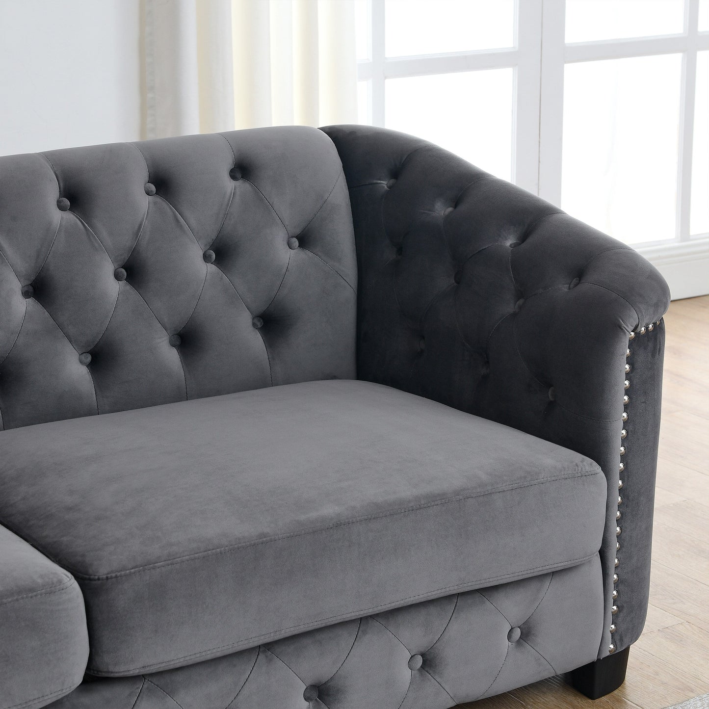 Grey 59'' Modern Velvet 2-Seater Sofa with Tufted Backrest and Nailhead Arms