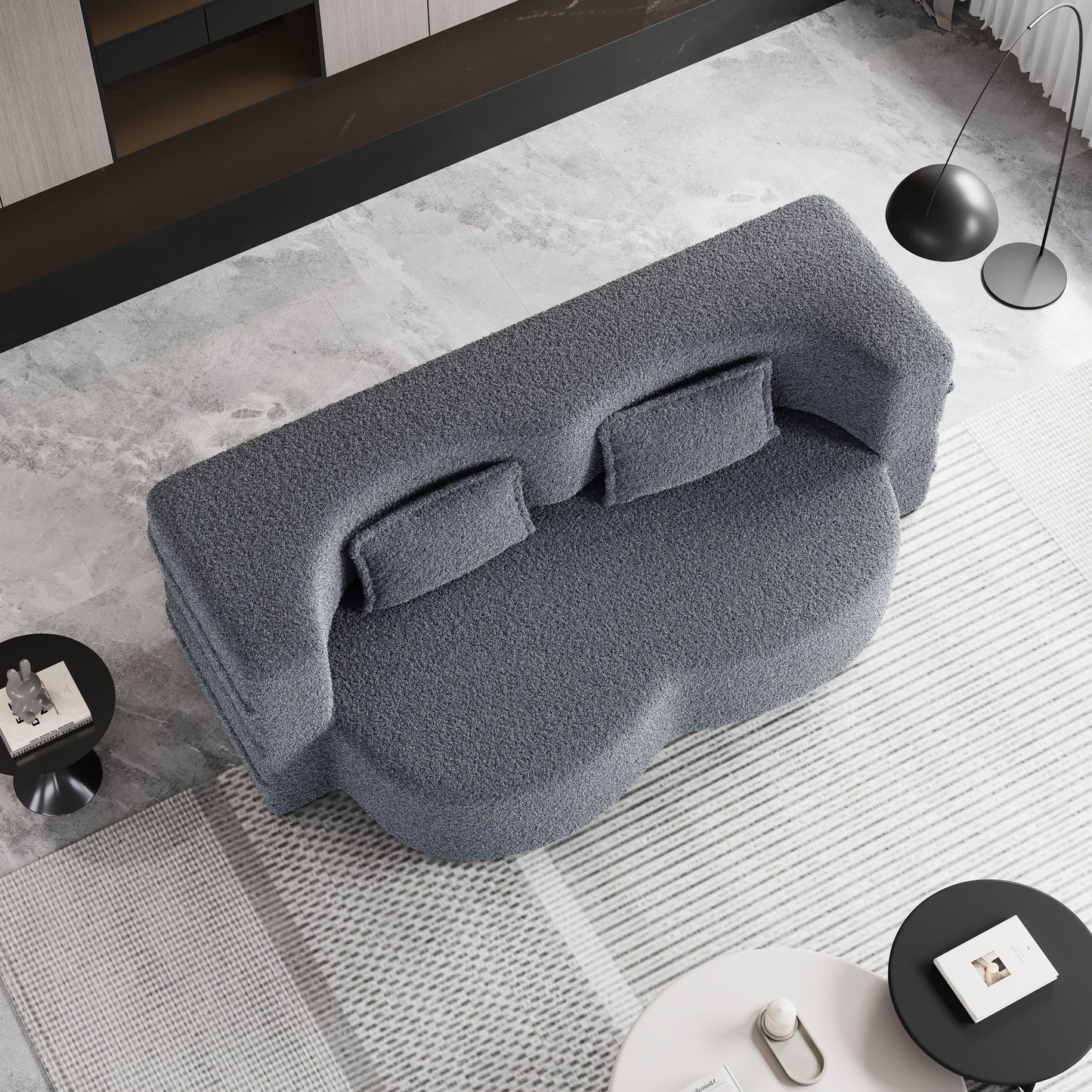 Grey 78 Convertible Teddy Fabric Loveseat Foam-Filled Floor Sofa Bed with 2 Pillows and Folding Mattress for Living Room