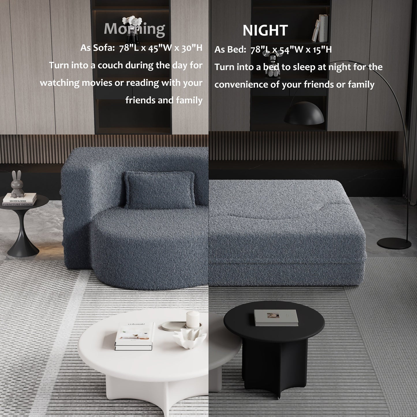 Grey 78 Convertible Teddy Fabric Loveseat Foam-Filled Floor Sofa Bed with 2 Pillows and Folding Mattress for Living Room