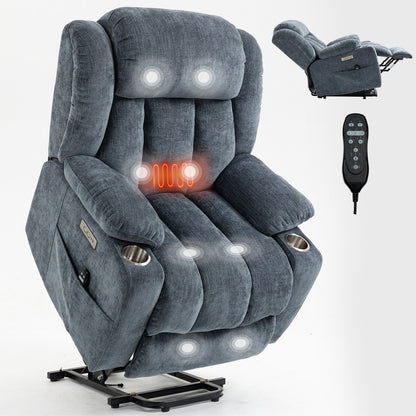 Grey Chenille Power Lift Recliner with Massage, Lumbar Heating, USB & Type-C Ports, and Stainless Steel Drink Holders