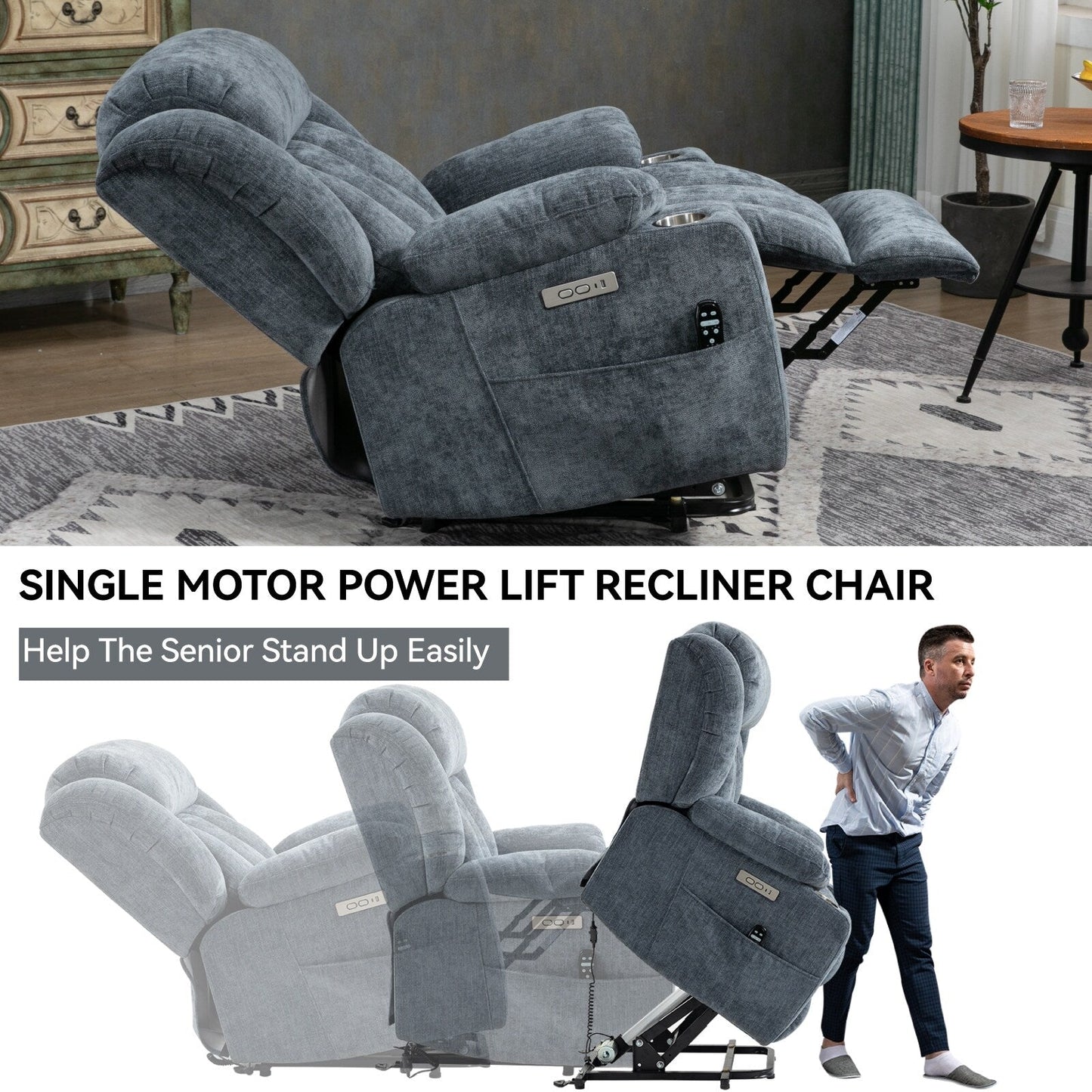Grey Chenille Power Lift Recliner with Massage, Lumbar Heating, USB & Type-C Ports, and Stainless Steel Drink Holders