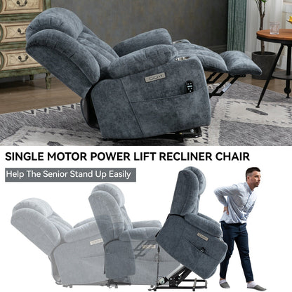 Grey Chenille Power Lift Recliner with Massage, Lumbar Heating, USB & Type-C Ports, and Stainless Steel Drink Holders