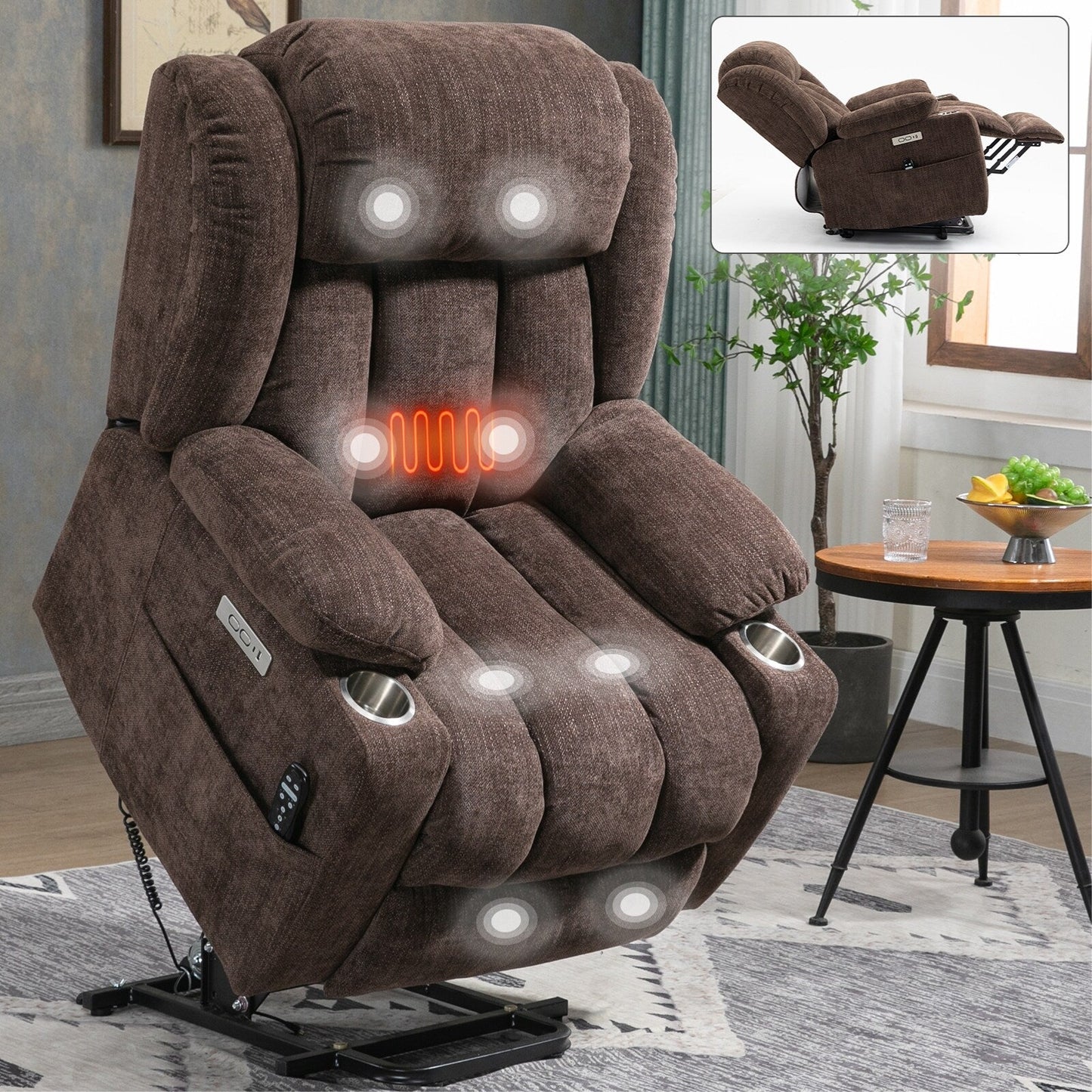 Grey Chenille Power Lift Recliner with Massage, Lumbar Heating, USB & Type-C Ports, and Stainless Steel Drink Holders