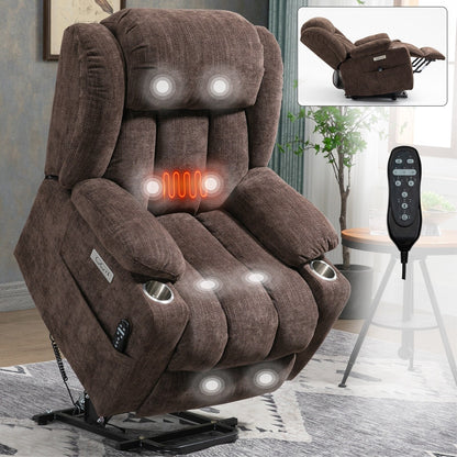 Grey Chenille Power Lift Recliner with Massage, Lumbar Heating, USB & Type-C Ports, and Stainless Steel Drink Holders