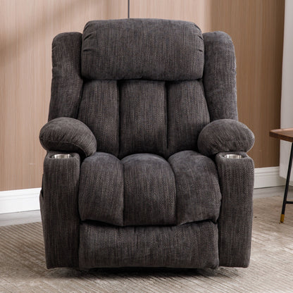 Grey Chenille Power Lift Recliner with Massage, Lumbar Heating, USB & Type-C Ports, and Stainless Steel Drink Holders