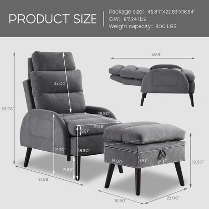 HOMYKA Accent Lounge Chair with Adjustable Backrest Storage Ottoman