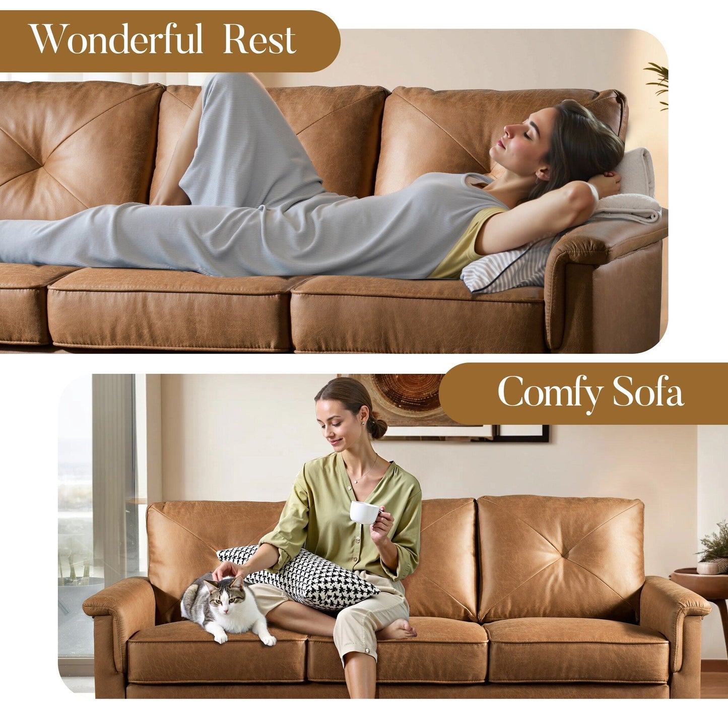 HOOOWOOO Mid-Century 3-Seat Upholstered Sofa with Wood Legs for Living Room