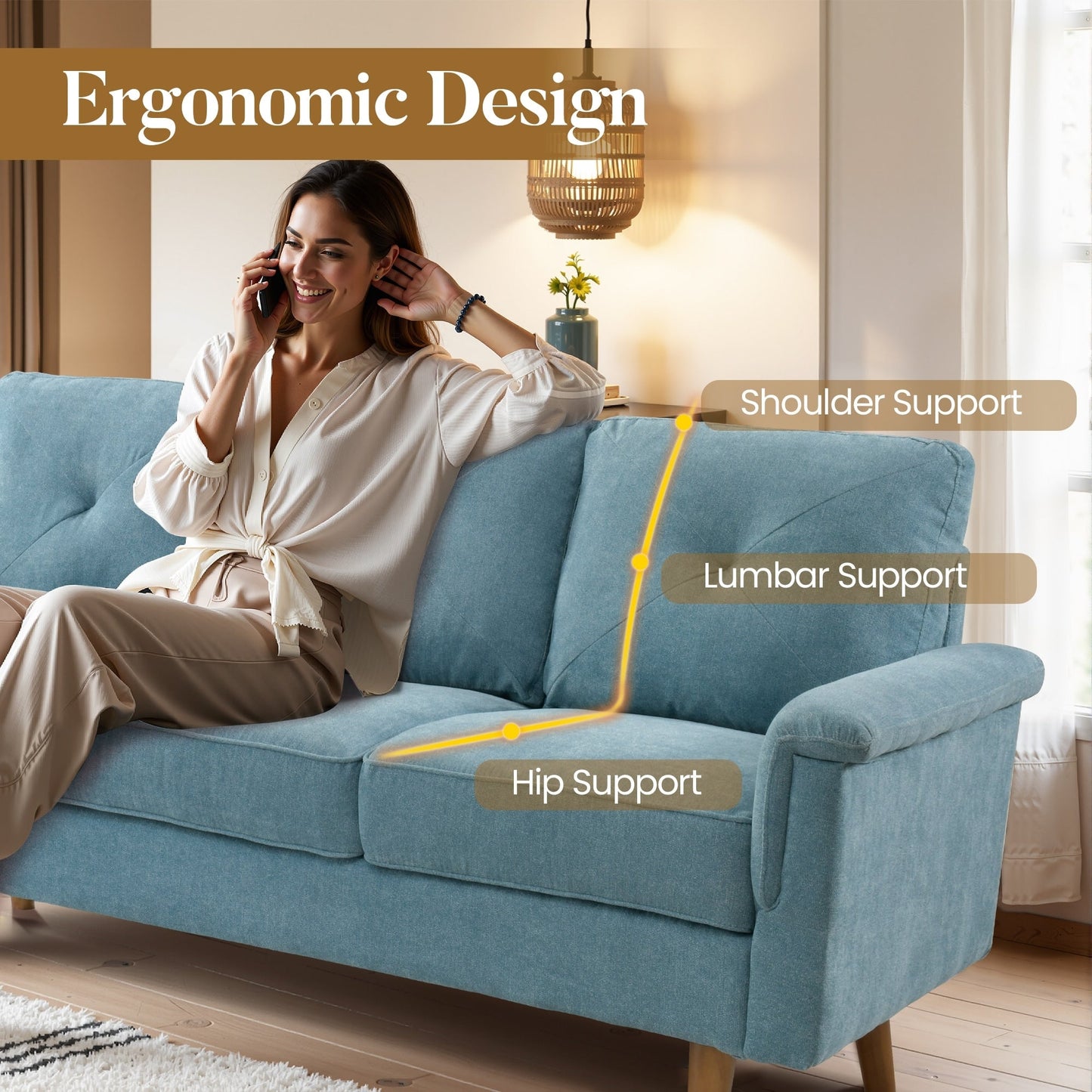 HOOOWOOO Mid-Century 3-Seat Upholstered Sofa with Wood Legs for Living Room