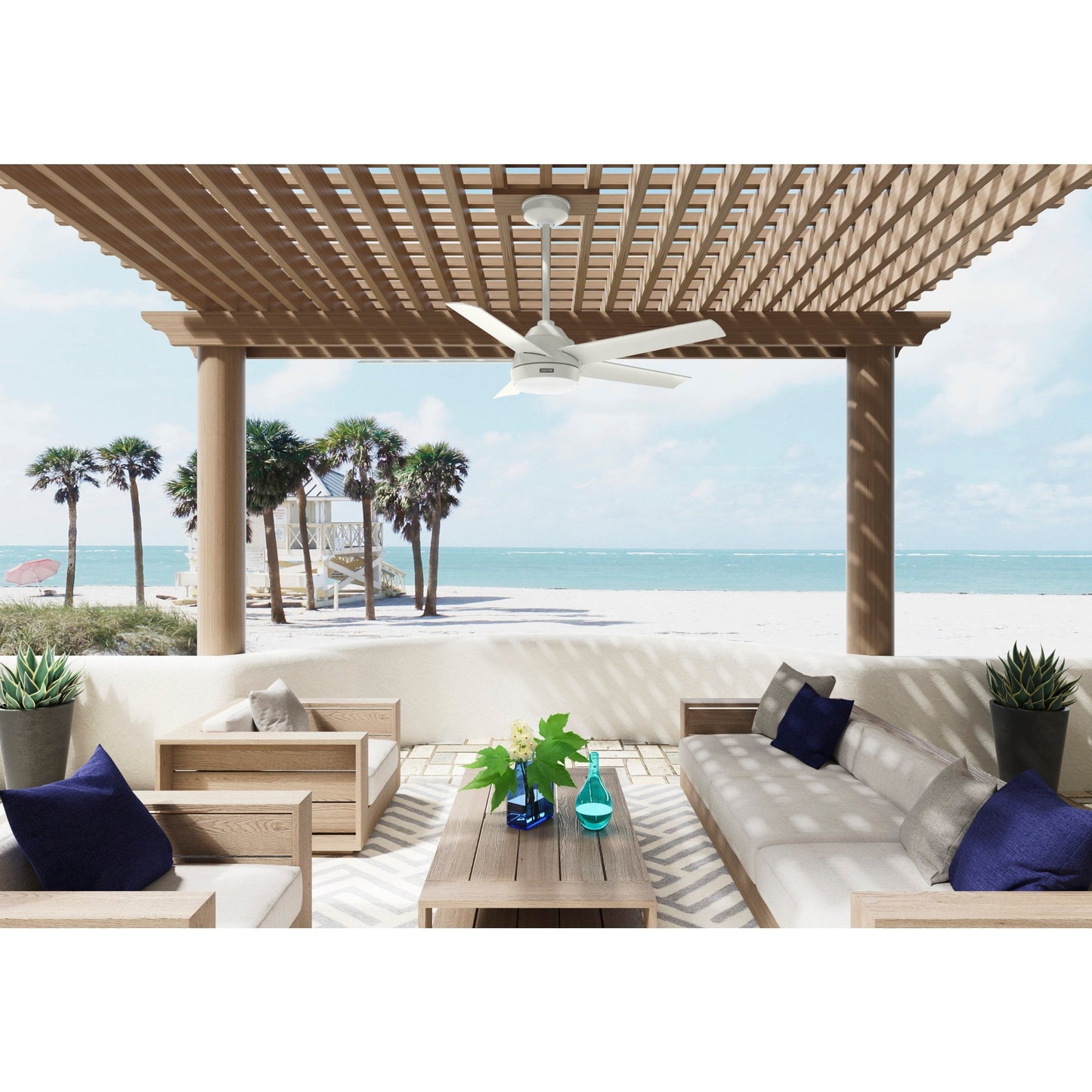 Hunter 52 Skyflow Outdoor Ceiling Fan w/ LED Light Kit, Wall Control - Coastal Modern Contemporary - WeatherMax - WET-RATED!