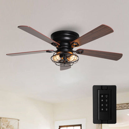 Farmhouse 48-in Wood 5-Blade Low Profile Flush Mount Black Ceiling Fan with Remote and Light Kit