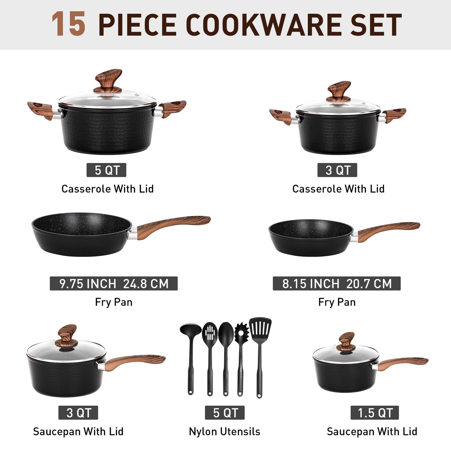 Kitchen Academy 15-piece Nonstick Granite-coated Cookware Set