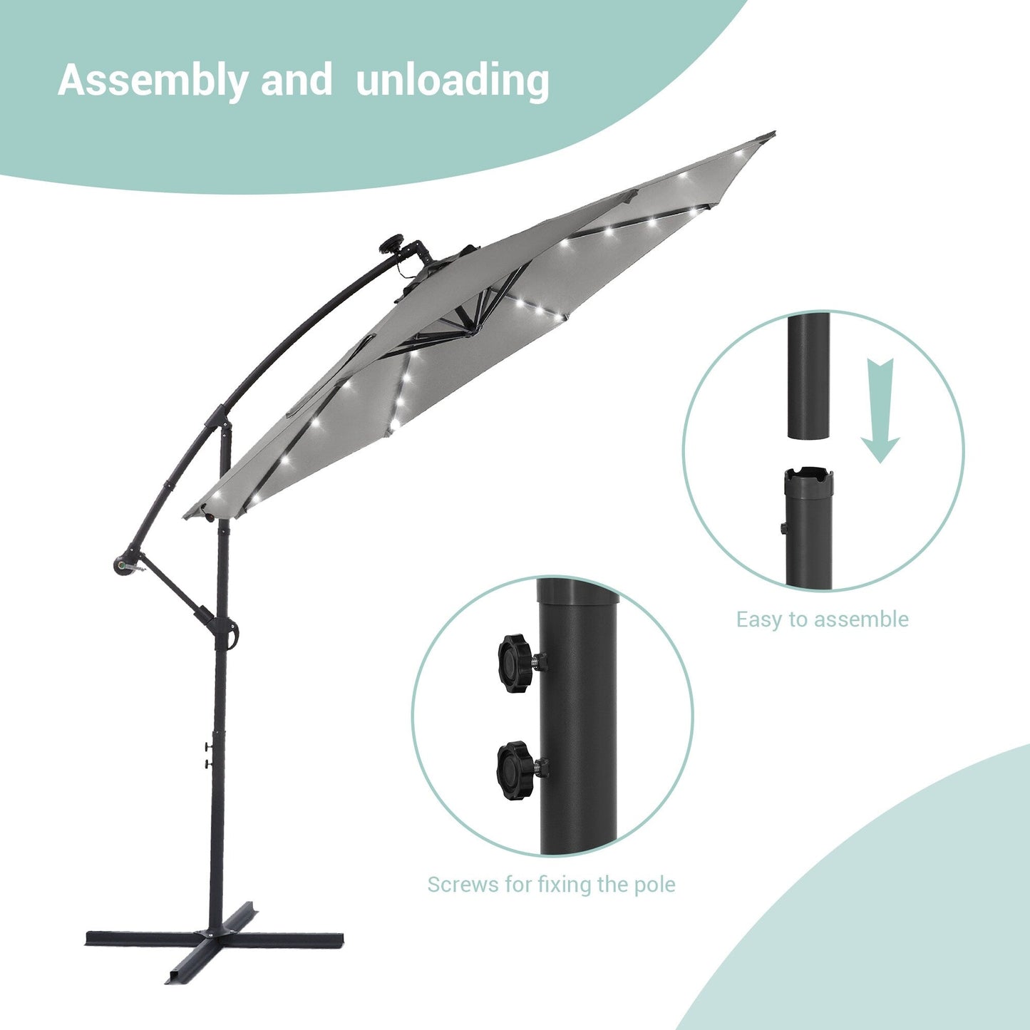 LIVOOSUN 10ft LED Patio Offset Umbrella With Cross Base