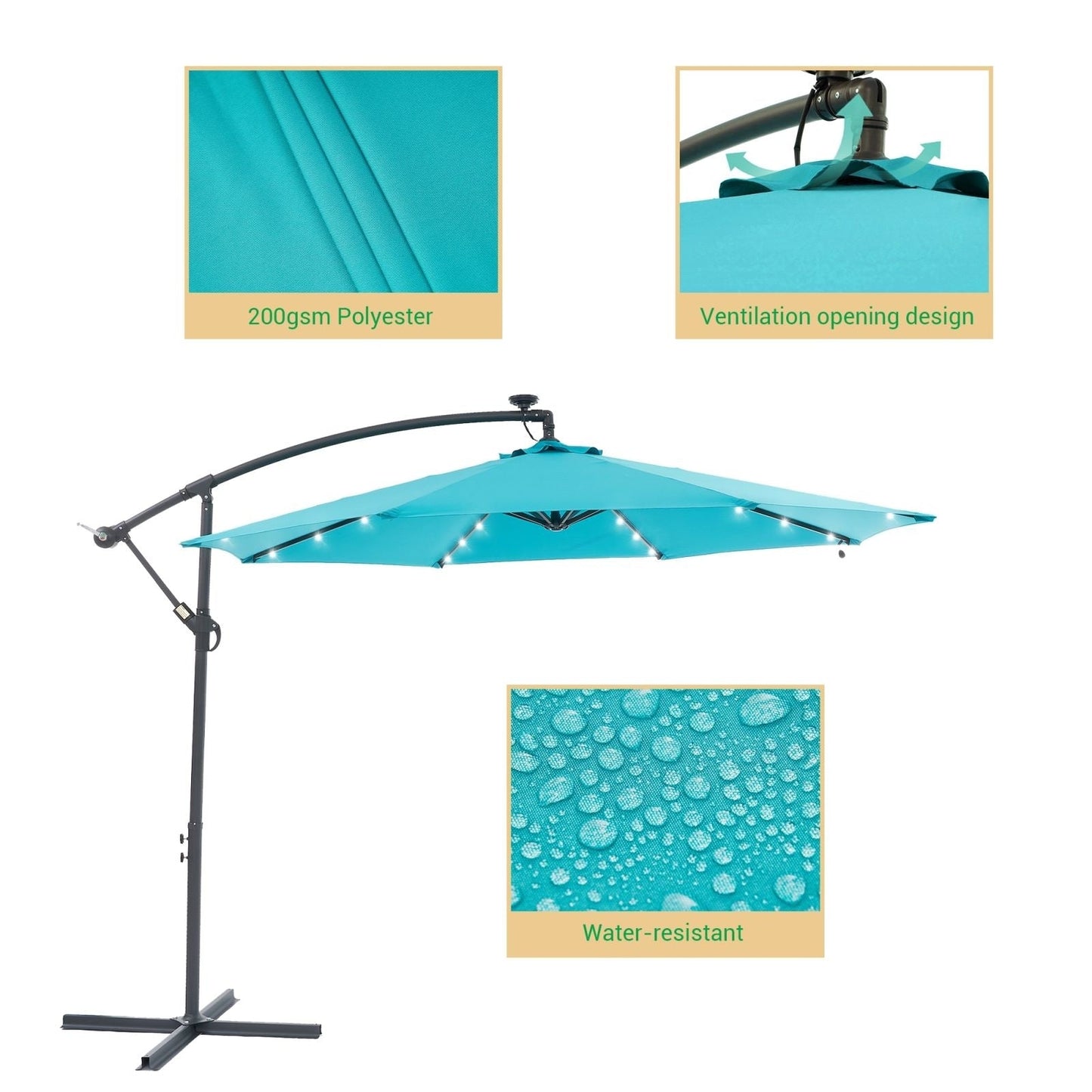 LIVOOSUN 10ft LED Patio Offset Umbrella With Cross Base