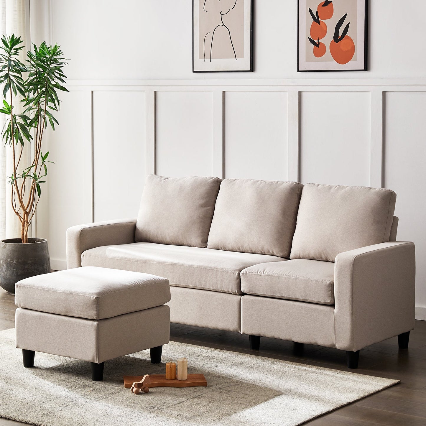 Campbell 3 Seater Sofa with Reversible Chaise in Beige Woven Fabric