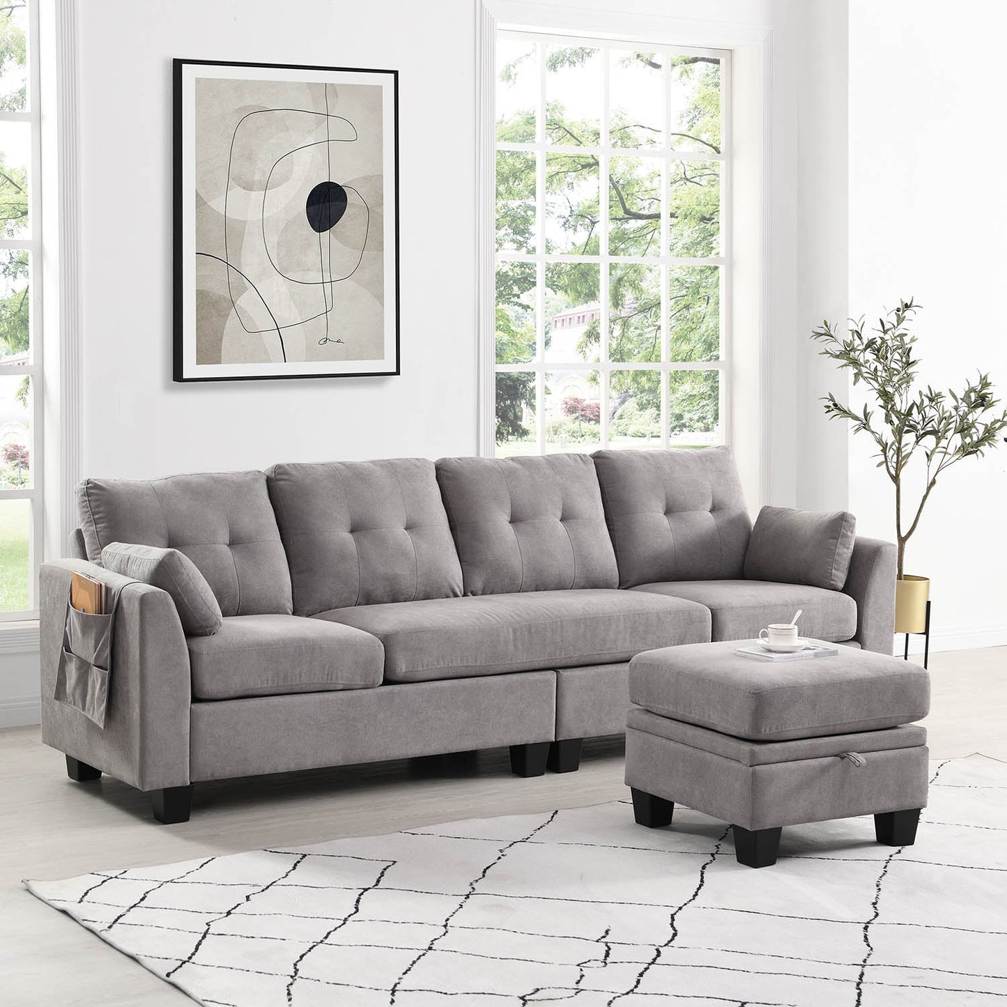 Brunswick Large 4-Seater Storage Chaise Sofa in Light Grey