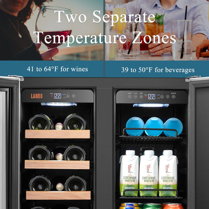 Lanbo 24 Inch Dual Zone 18 Bottle Wine and 55 Can Beverage Cooler, Stainless Steel and Glass with French Door