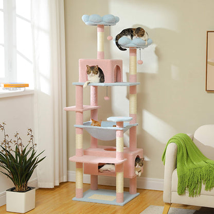 Large Cat Tower Cat Condo with Scratching Posts and Pads, 2 Padded Perch, Dual Condo and Basket