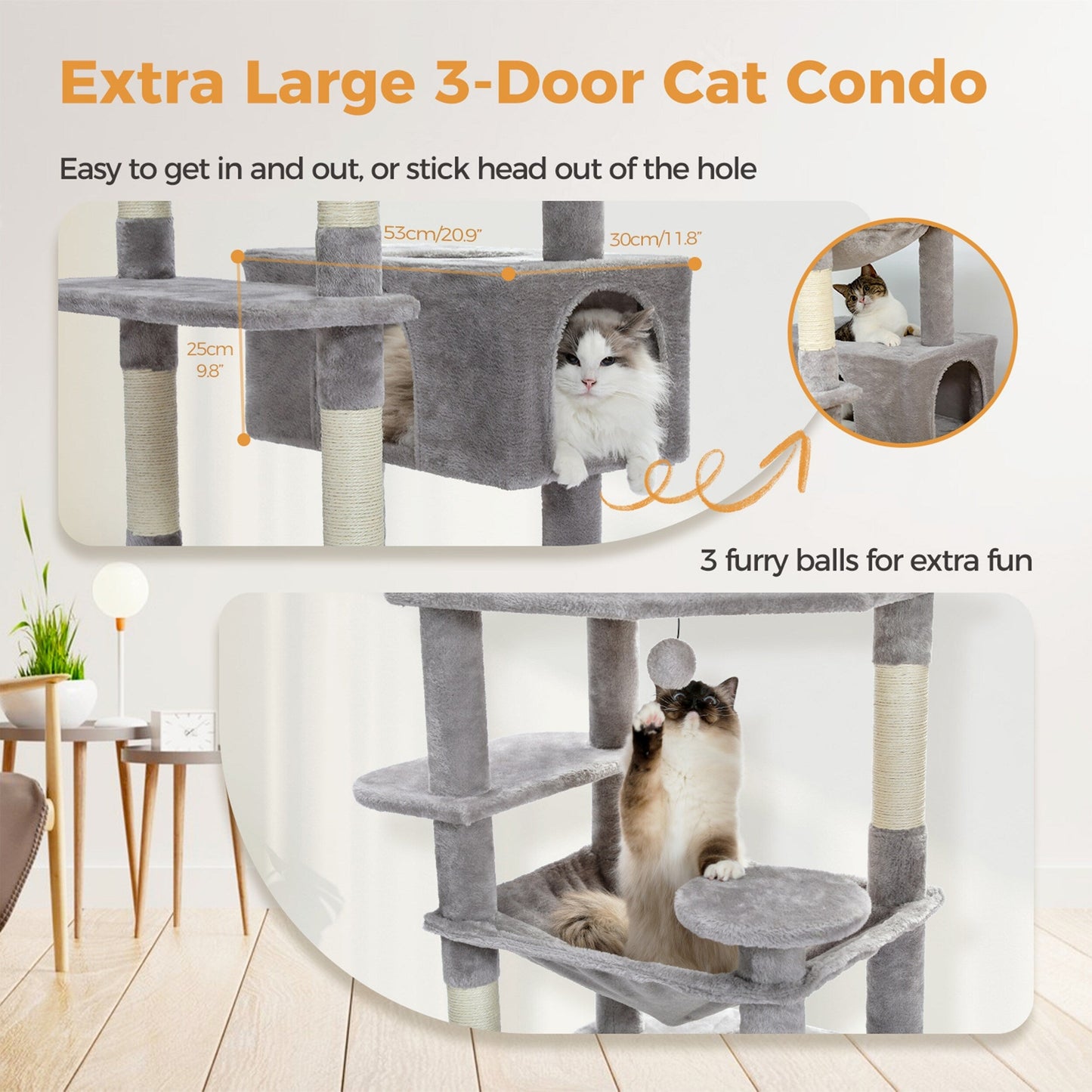 Large Cat Tower Cat Condo with Scratching Posts and Pads, 2 Padded Perch, Dual Condo and Basket