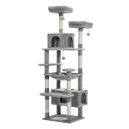 Large Cat Tower Cat Condo with Scratching Posts and Pads, 2 Padded Perch, Dual Condo and Basket