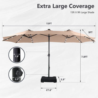 MAISON ARTS 15-foot Rectangular Crank Double-sided Outdoor Market Umbrella Solar LED Lighted Patio Umbrella with Base Included