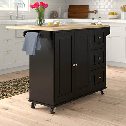 Sophia & William Kitchen Island Cart with Drop-Leaf and Rubber Wood Top, Rolling Kitchen Trolley Cart with Large Storage Cabinet