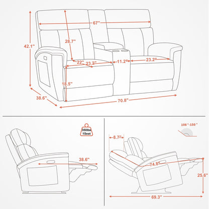 MCombo 60.2 Power Loveseat Recliner Sofa with Massage and Dual Heating, Adjustable Headrest, USB & Type C Port, Fabric