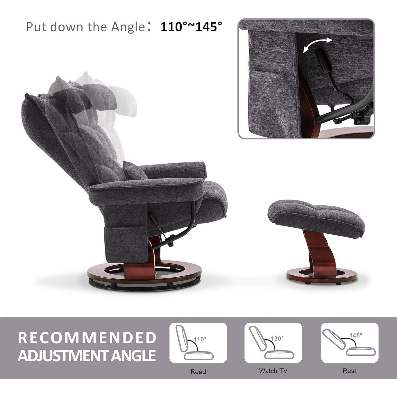 MCombo Set of 2 Swivel Recliner with Ottoman and Neck Pillow,Chenille Fabric